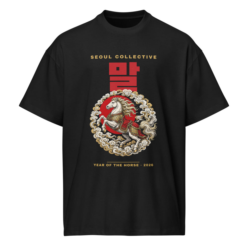 Year of the Horse oversized black tee, front: SEOUL COLLECTIVE wordmark, red 말 and white armored horse emblem, YEAR OF THE HORSE · 2026