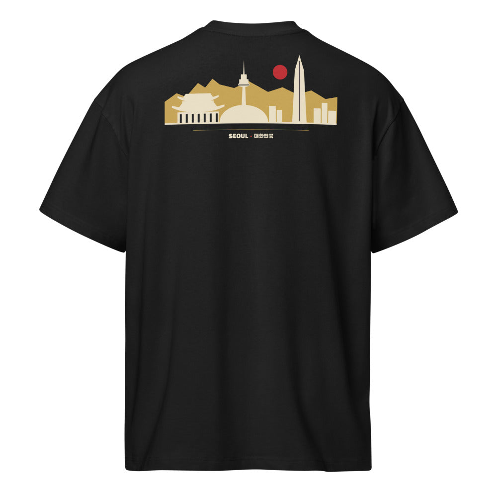 Back of the tee: a gold Seoul skyline across the upper back