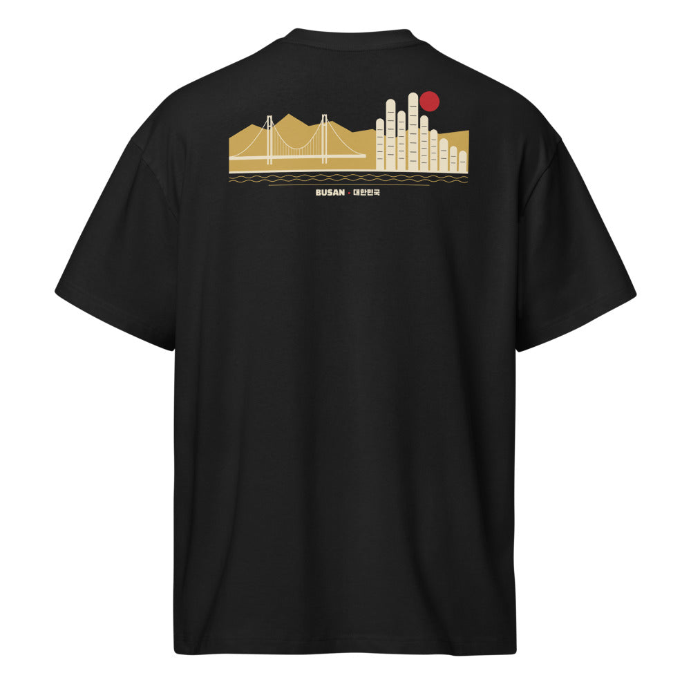 Back of the tee: a gold Busan skyline with Gwangan Bridge across the upper back
