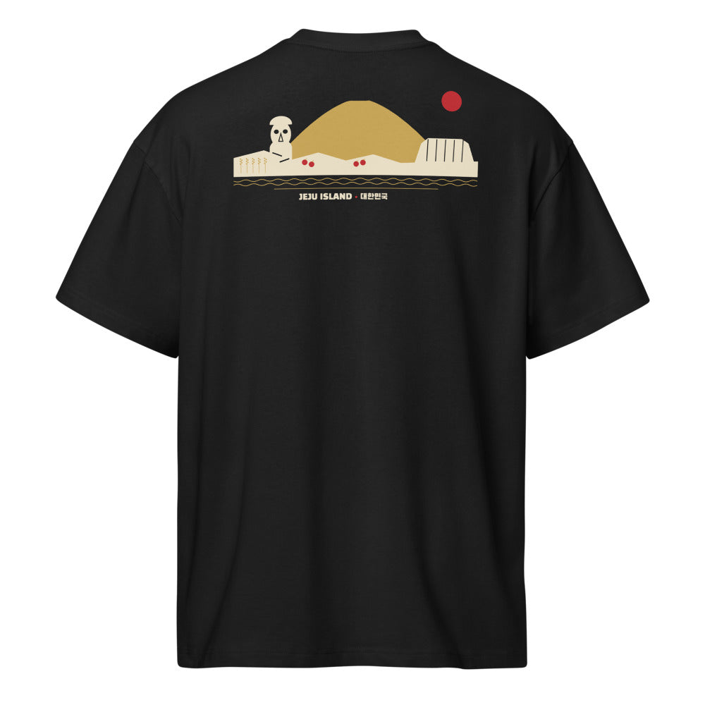 Back of the tee: a gold Jeju skyline with Hallasan and a dol hareubang across the upper back