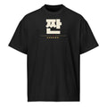 짠 Cheers Tee, front: cream 짠 with CHEERS in gold on a black oversized tee