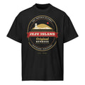 Jeju Island Emblem Tee, front: a gold-and-red Jeju Island crest with Hallasan and a dol hareubang statue on a black oversized tee