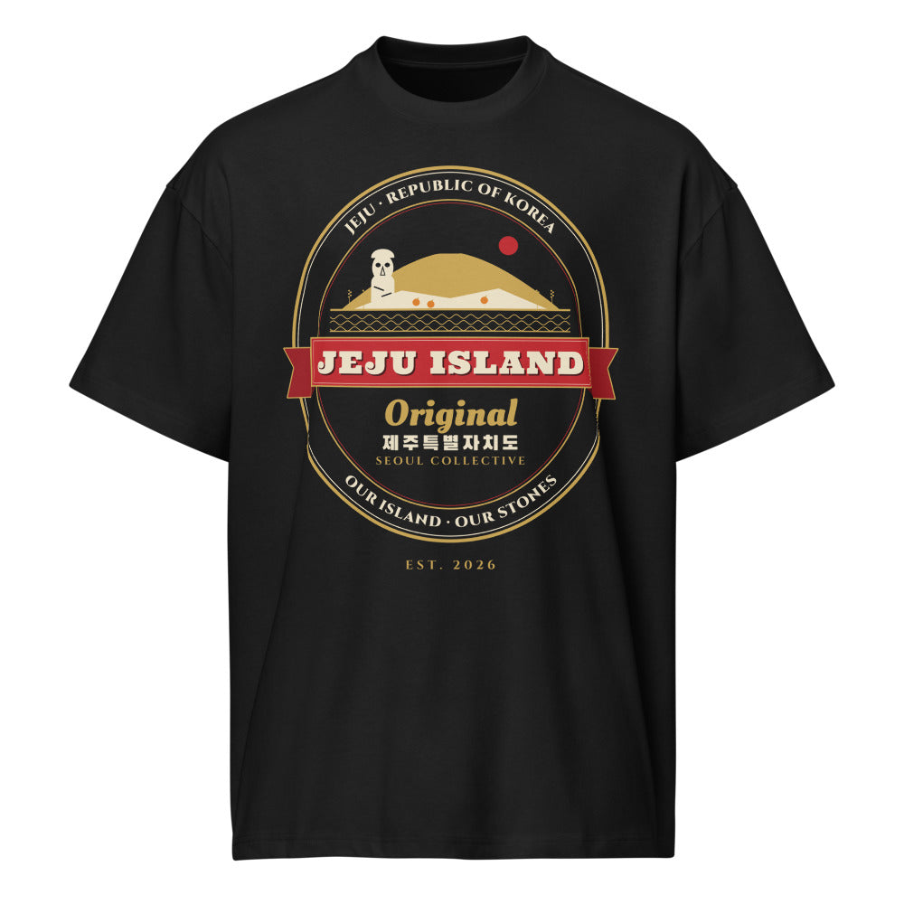 Jeju Island Emblem Tee, front: a gold-and-red Jeju Island crest with Hallasan and a dol hareubang statue on a black oversized tee