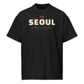 Seoul Coordinates Tee, front: SEOUL with 서울 and the city's coordinates on a black oversized tee