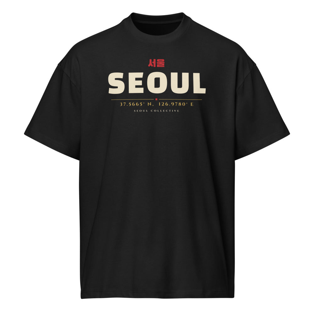 Seoul Coordinates Tee, front: SEOUL with 서울 and the city's coordinates on a black oversized tee