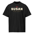 Busan Coordinates Tee, front: BUSAN with 부산 and the city's coordinates on a black oversized tee