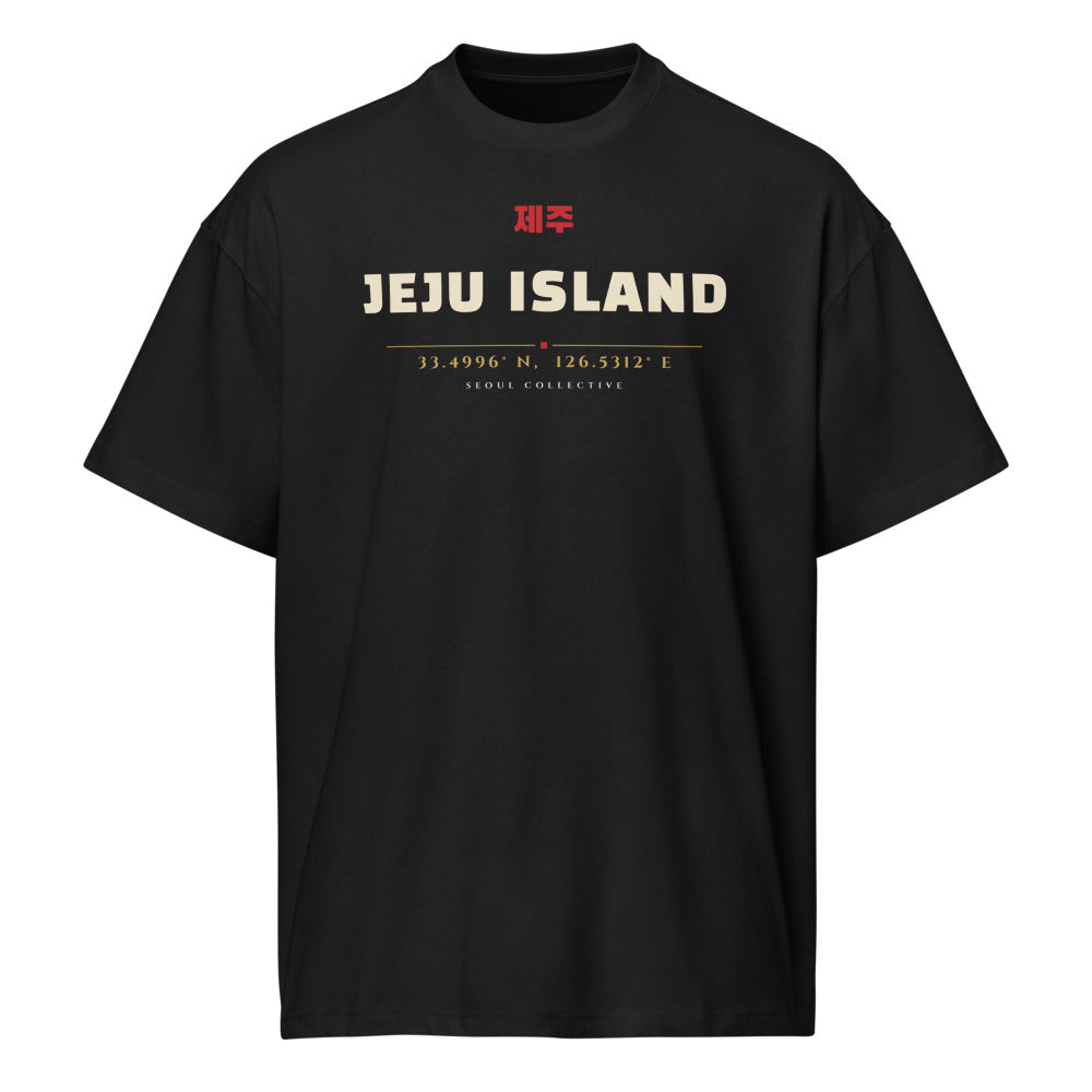 Jeju Island Coordinates Tee, front: JEJU ISLAND with 제주 and the island's coordinates on a black oversized tee