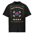 Taegeuk Heritage Tee, front: the red and blue taegeuk and the four trigrams of the Korean flag on a black oversized tee