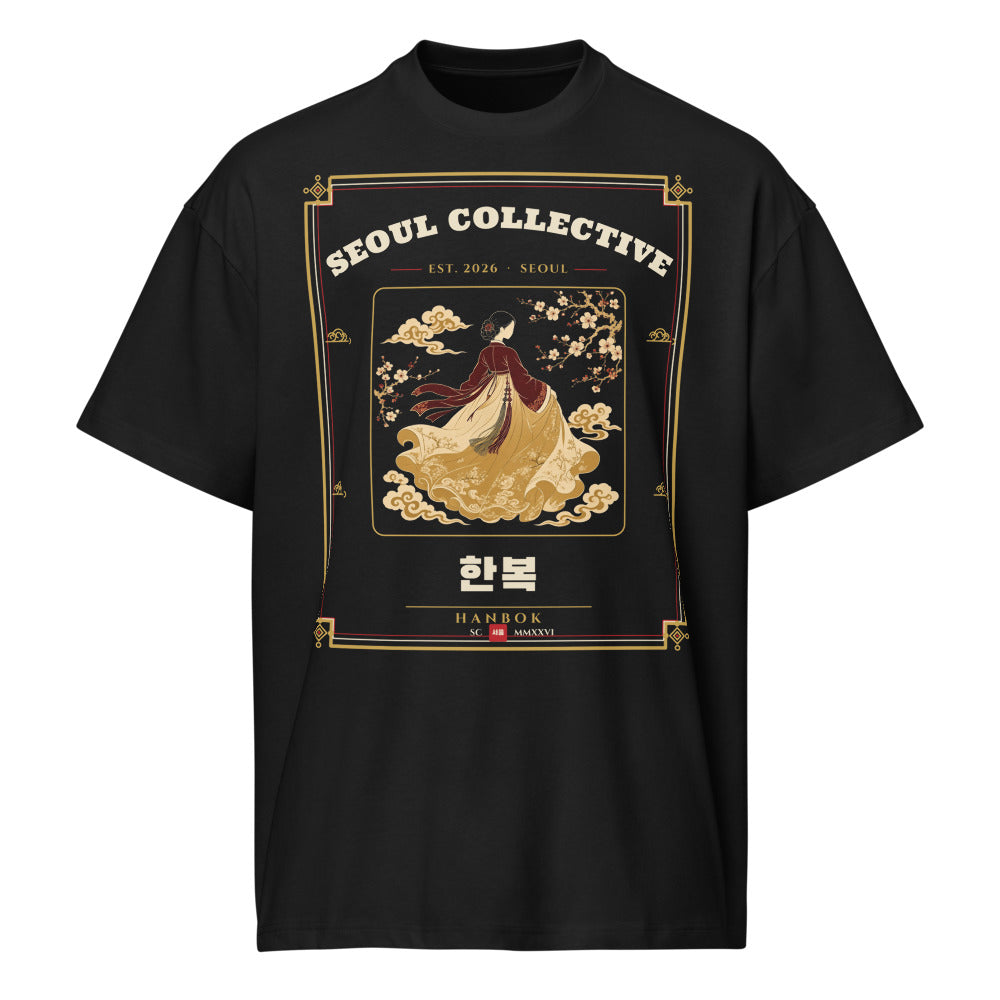 Hanbok Heritage Tee, front: a flowing hanbok with a norigae tassel on a black oversized tee
