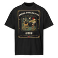Ten Symbols of Longevity Heritage Tee, front: the ten symbols of long life, including pine, crane, deer and turtle, on a black oversized tee
