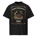 Turtle Ship Heritage Tee, front: a geobukseon turtle ship with a spiked covered roof and dragon head riding the waves, on a black oversized tee